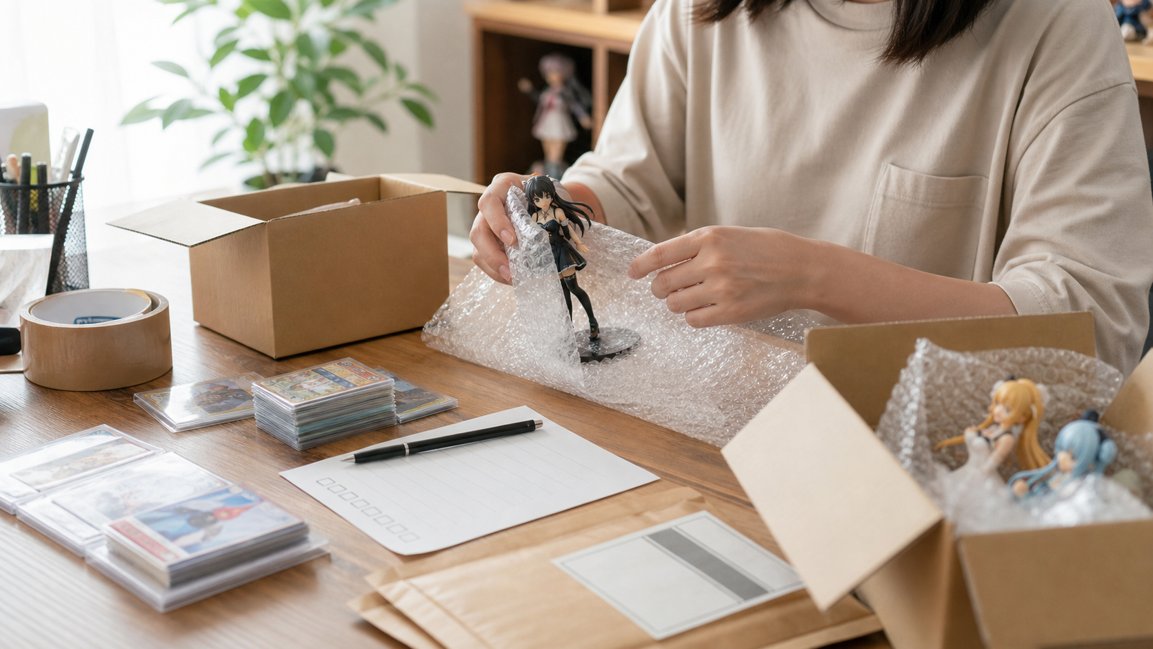 売りたいグッズを梱包前に整理するイメージ