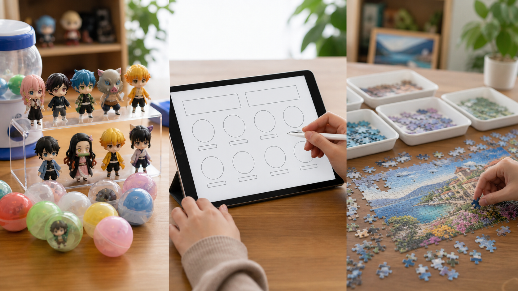 ガチャやパズルの楽しみ方を比べるイメージ